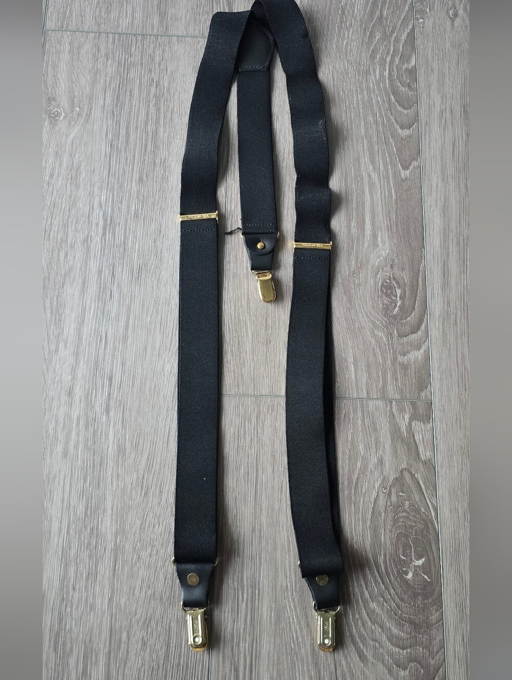Pelican USA Black Elastic Suspenders Braces Gold Tone Leather Tab Clip Y-Back